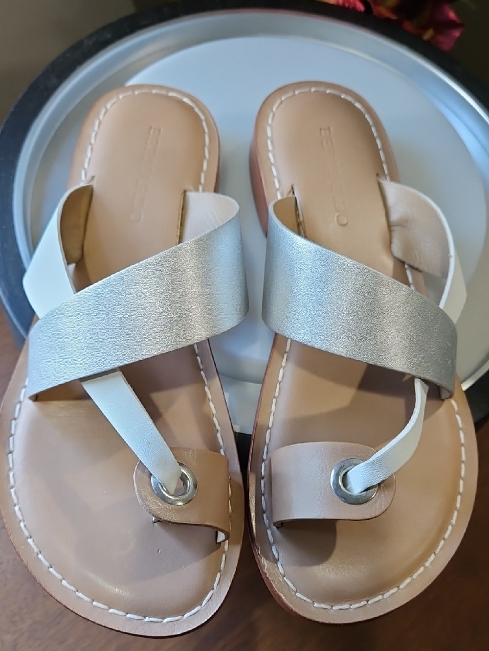 Bernardo Silver Metallic Cross-Over Toe-Ring Sandals